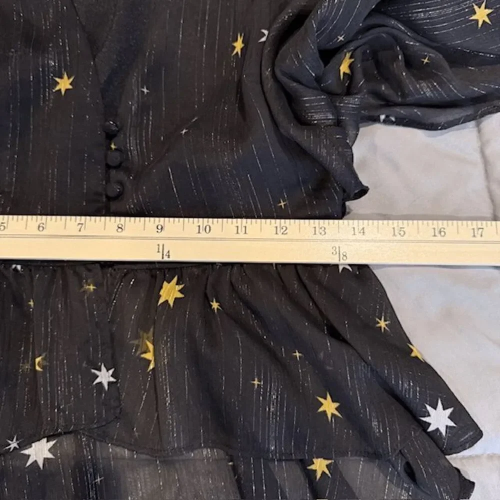 Lovers & Friends Georgie Star Bright Blouse Chiffon Ruffle Black Gold Size Small - Picture 9 of 11